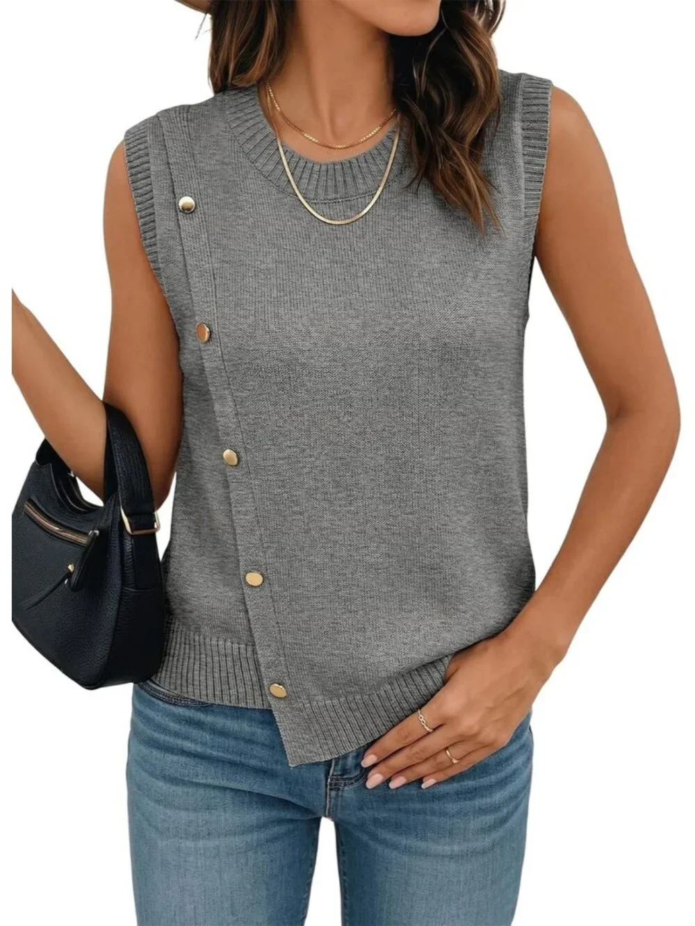 Women's Gray Sleeveless Round Neck Casual Button Decoration Sweater Vest